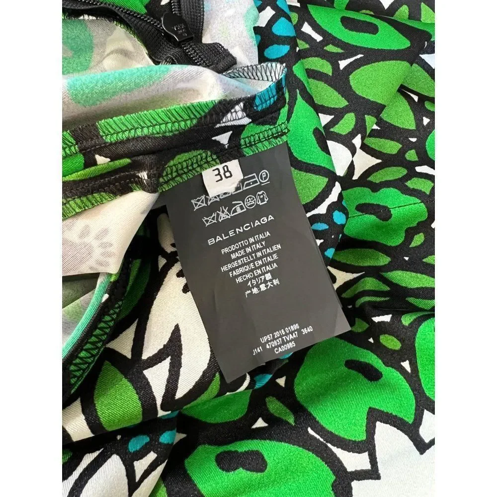 BALENCIAGA Green Hight Waist Floral Print Pleated Knee Length Skirt Size… - Picture 8 of 11